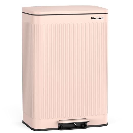 Lovewind 60 Liter/ 16 Gallon Stainless Steel Trash Can with Soft-Close Lid, Large Footstep Garbage Can with Roman Texture, Removable Inner Buckets, Recycling Bin for Kitchen Office, Pink