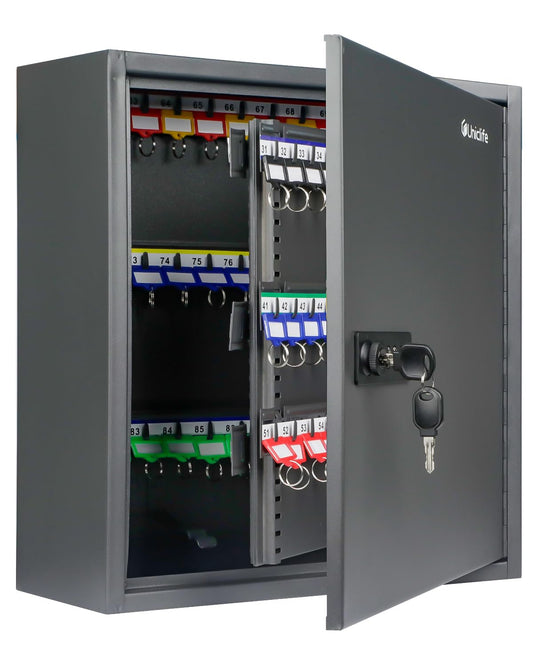 Uniclife 120 Position Key Cabinet with Combination and Key Lock Resettable Black Digital Security Storage Box Steel Key Organizer with Adjustable Racks Colorful Key Tag Stickers and Hooks