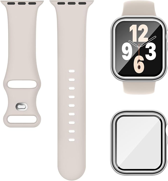 Compatible for Apple Watch Band 38mm and Case with Screen Protector, Soft Silicone Sport Strap Bands and Protective Cover with Tempered Glass for iWatch Series 9 8 7 SE 6 5 4
