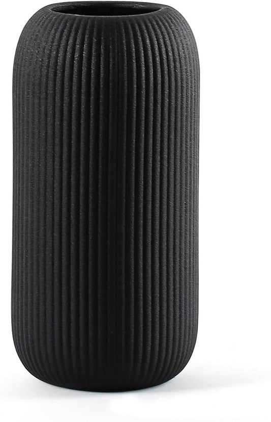 Bohemian Black Ceramic Vase - for Pampas Grass, Mantel, Bookshelf, Entryway and Living Room Decor (Black, 8in-Pill)