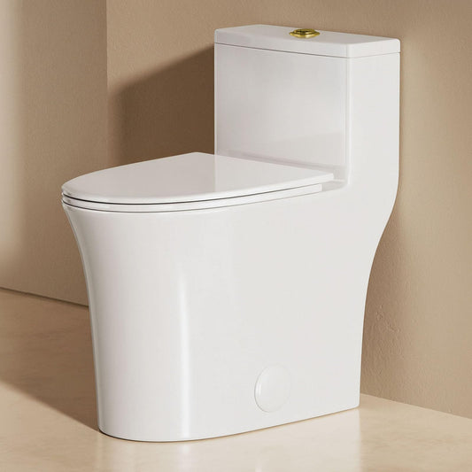 BayRoll One Piece Sleek Modern Toilet, 17" ADA Comfort Chair Height Seat, Dual Flush 0.9/1.28 GPF, MAP 1000g, 12" Rough-In, Compact Fully Skirted Round Toilet for Bathrooms, Gold Button
