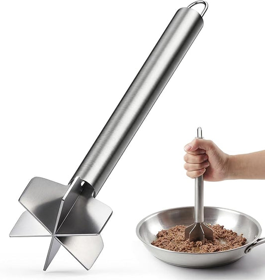 Meat Masher, Stainless Steel Ground Beef Masher 10.8Inch Potato Chopper with Handle, 6 Blade Masher Shredder for Kitchen Cooking Hamburger Vegetable Puree