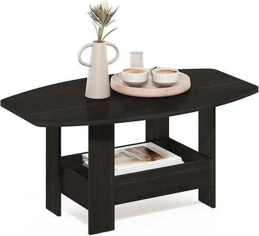 Furinno Simple Design Coffee Table, 2-Tier Modern Center Table with Lower Shelf, Round Corner Side Table, for Living Room, Bedroom, Home Office, Espresso