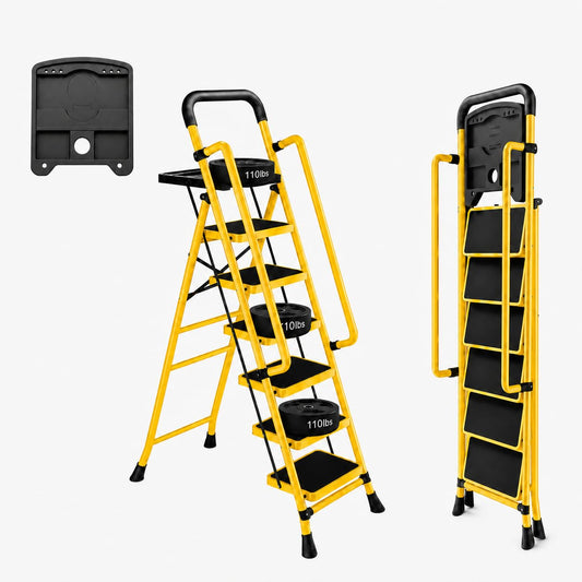 6 Step Ladder with Platform, 330 Lbs Load Heavy Steel Duty Step Ladders, Portable Safety Step Stool with Pedals, Handrail, for Multi-Purpose, Home, Kitchen