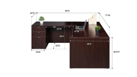 Boss Office Products Holland 71" Executive L-Shape Corner Desk with File Storage Pedestal, Mocha