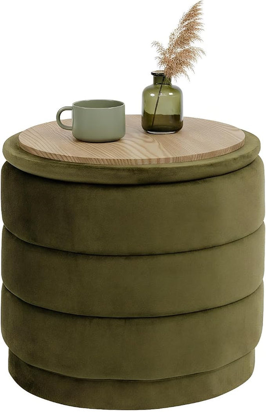 B FSOBEIIALEO Round Velvet Storage Ottoman with Tray, Folding Ottoman with Storage Coffee Table Foot Rest for Dorm Room, Living Room Olive, 15.35"x15.35"x14.57"