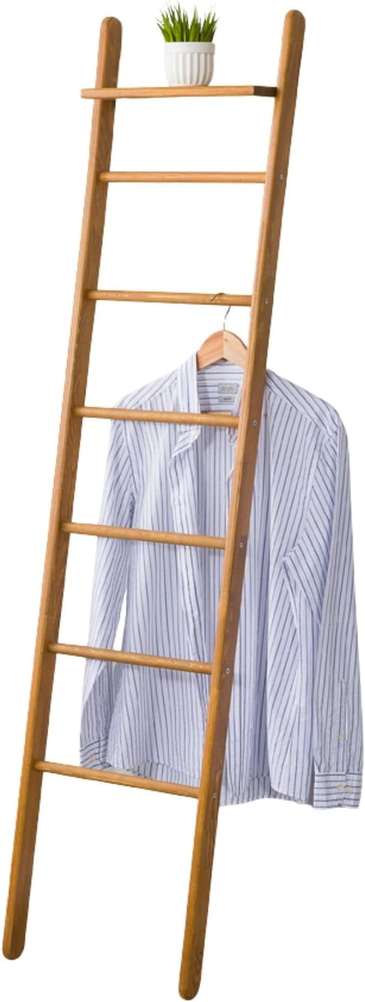 Solid Pine Wood Blanket Ladder for Living Room Bathroom Organizer Shelves, 7-Tier 5-Tier Freestanding Shelf, Freestanding Towel Rack Extra Storage, Wall-Leaning (Oak, Large)