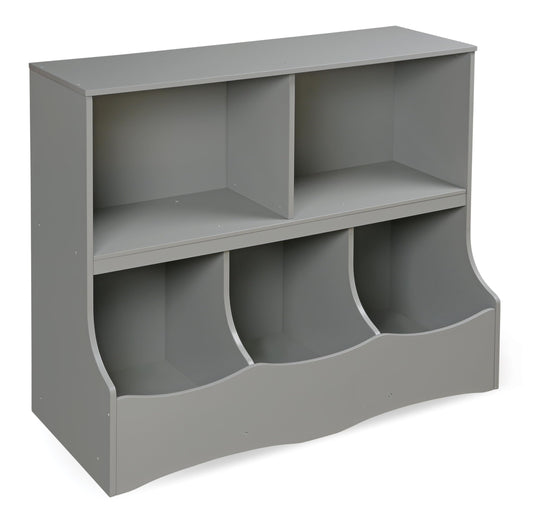 Badger Basket Multi-Bin Storage Cubby for Kids - Toy Organizer with 3 Cubbies, 2 Open Shelves, Display Top for Playroom or Bedroom - Storage Unit for Toys, Books & More - Gray