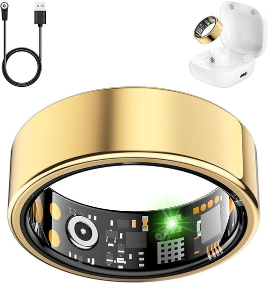 Smart Health Ring for Women Men, Fitness Tracker Ring with Heart Rate, Blood Oxygen, Sleep Tracker, Step Tracker, No Subscription Fee, IP68 Waterproof Smart Ring for iPhone & Android (Gold, 12#)