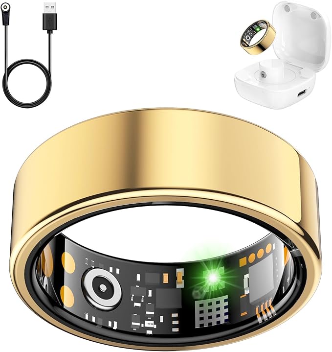 Smart Health Ring for Women Men, Fitness Tracker Ring with Heart Rate, Blood Oxygen, Sleep Tracker, Step Tracker, No Subscription Fee, IP68 Waterproof Smart Ring for iPhone & Android (Gold, 10#)