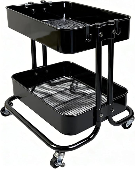 2 Tier Cart with Wheels Heavy Duty Metal Rolling Storage Cart for Under Desk Storage, Short Small Utility Shelf for Pantry Kitchen Bathroom Laundry, Home Organizer with Large Basket, Black