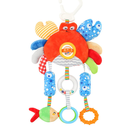 Baby Car Seat Toys with Clip- Travel Sensory Toys for 6 7 8 9 10 11 12 Months, Infant Roadtrip Soft Montessori Hanging Plush Toys Wind Chime, Teether, Rattle, Squeaky for Newborn Boy Girl Gifts
