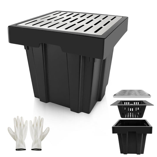 18x18x15 Inch Catch Basin with Stainless Steel Grate, Large Drainage Basin with Debris Basket, French Drain Basin Without Reserved Hole for Yard, Patio, Downspout, Commercial, Municipal Pipeline, Lawn
