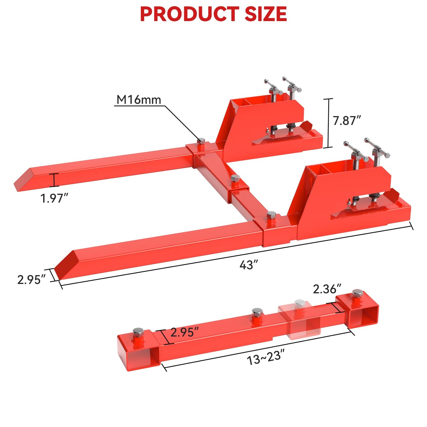 Upgraded 43" Tractor Bucket Forks,Clamp on Pallet Forks with Anti-Slip Tongue 2000LBS,Twin Screw Design,Adjustable Stabilizer Bar,Heavy Duty Skid Steer Pallet Forks for Tractor Bucket Loader, Red