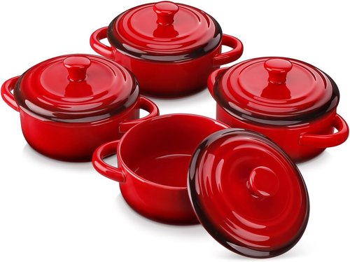 LOVECASA Mini Cocotte Set - 12 OZ Casserole Dishes with Lids | Oven & Microwave Safe, Set of 4, Red