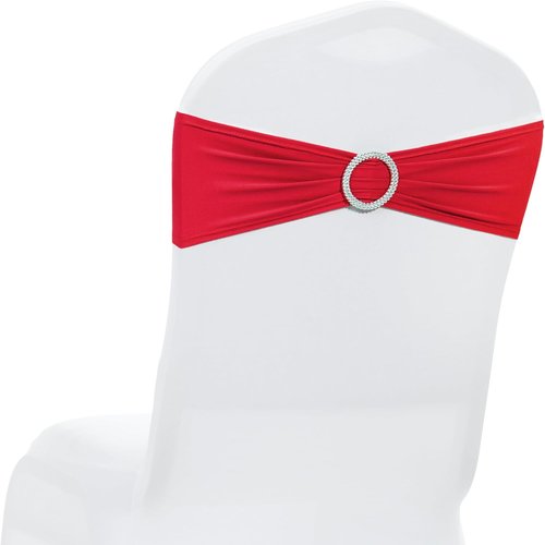 MDS Premium Stretch Spandex Chair Sashes - Pack of 50 Red Bow Covers for Weddings & Events