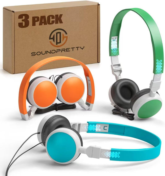 3-Pack 3.5mm Headsets Individually Wired Classroom Headphones - No Mic Kids Headphones with Jack, Multi-Color Bulk