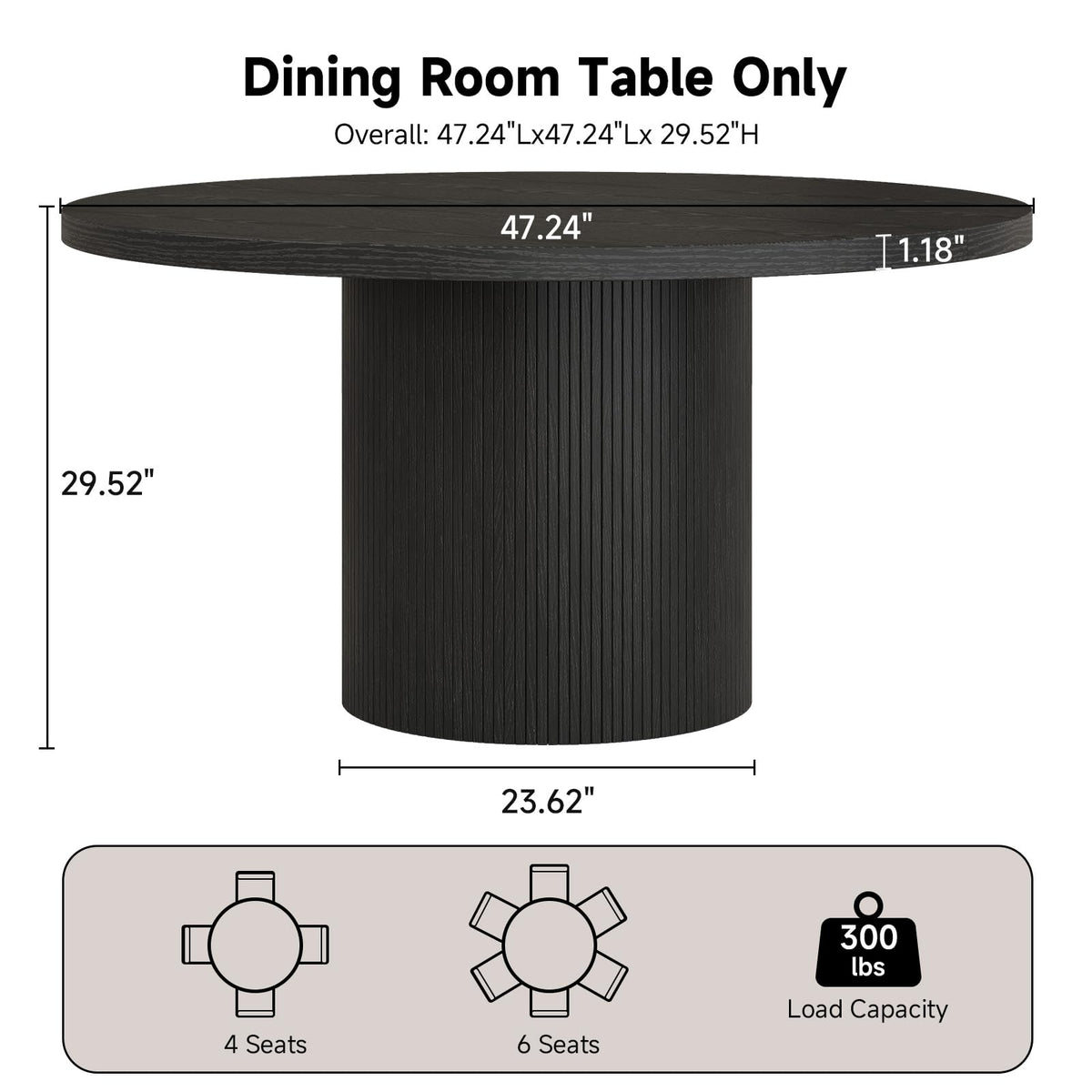 Round Kitchen Dining Table for 4-6 People, 47 inch Mid-Century Circle Dinner Tables, Rustic Wood Base in Fluted Design, Space Saving Dining Room Furniture, Large Table Only for Family Party, Black