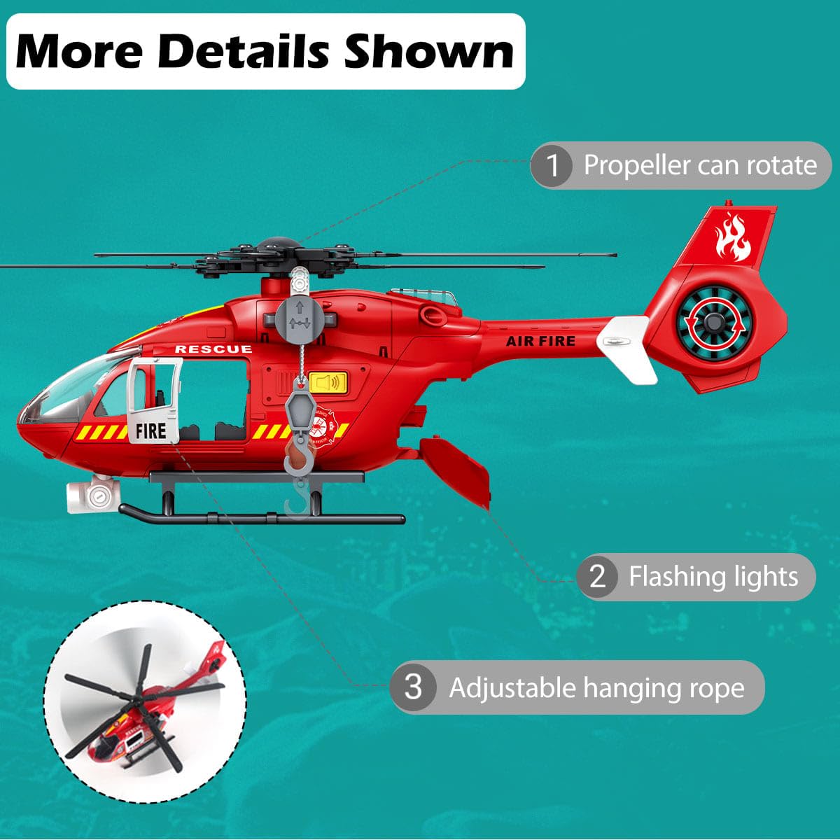 Firefighter Toys Helicopter 15-in Airplane Toys for Kids with Hanging Basket Sounds and Lights for Boys Ages 3 4 5 6 7