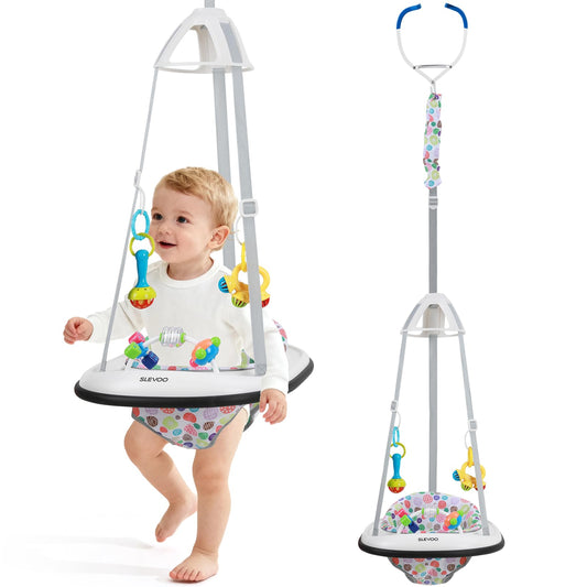 Slevoo Baby Jumper, Baby Door Jumper with Bumper, Play Tray and Two Jingle Rattles, Joyful Bubbles