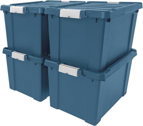 IRIS USA 20 Gallon Eco-Friendly Storage Bins - Heavy Duty, Lockable, Stackable | 4 Pack, Navy
