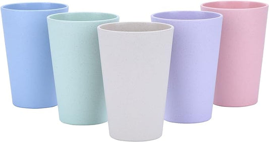 Wheat Straw Unbreakable Cup | 16 oz Reusable Water Drinking Glasses Sets of 5 | Lightweight Tumbler for Kitchen Outdoor | Dishwasher Safe, BPA Free and Eco friendly (16 oz, 5 Color_A)