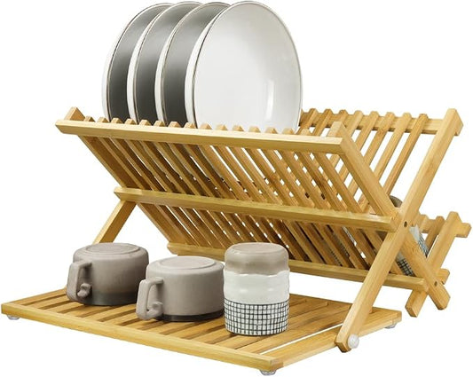 KKTONER Bamboo Dish Drying Rack with Utensil Holder 3 Tier Collapsible Drainer Rack with Dish Drying Mat for Kitchen Counter (Natural)