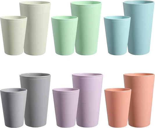HEYCOME Set of 12 Wheat Straw Cups, 6 Pcs 20 oz & 6 Pcs 12 oz Unbreakable Drinking Cups, Reusable Plastic Cups Sets, Water Glasses Tumblers, Microwave & Dishwasher Safe, Bpa Free, 6 Colors