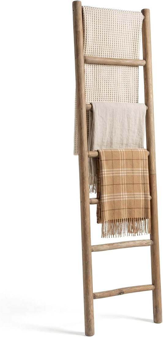 Wooden Blanket Ladder - 76in Natural Wood Color- Leaning Wall Decor for Bedroom, Bathroom, Living Room - Rustic Quilt Holder (Natural Wood Color (Knock Down), 76in(7-Rung) | Knock Down)