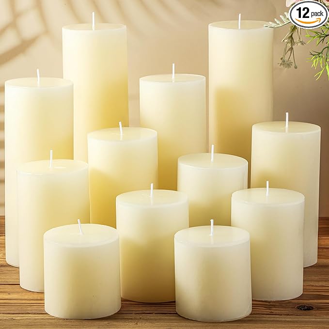 Shihanee 12 Pcs Pillar Candles 3 in x 3,4,5,6,8,10 Dripless Unscented Smokeless Candle Long Burning Decorative Rustic Candles with Cotton Wick for Wedding Home Fireplace (Ivory White)