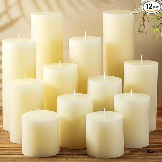 Shihanee 12 Pcs Pillar Candles 3 in x 3,4,5,6,8,10 Dripless Unscented Smokeless Candle Long Burning Decorative Rustic Candles with Cotton Wick for Wedding Home Fireplace (Ivory White)