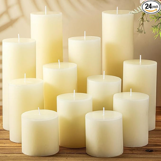 Shihanee 24 Pcs Pillar Candles 3 in x 3,4,5,6,8,10 Dripless Unscented Smokeless Candle Long Burning Decorative Rustic Candles with Cotton Wick for Wedding Home Fireplace (Ivory White)