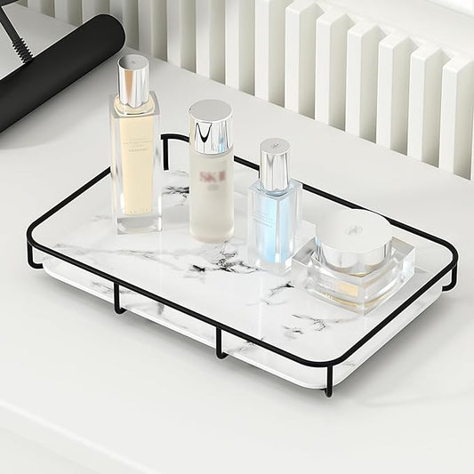 Dobbyby Vanity Tray Makeup Organizer Cosmetics Storage Bathroom Skincare Organizer Countertop Display Rack in Dresser Stainless Steel Shelf Marble Print Ceramic Trays