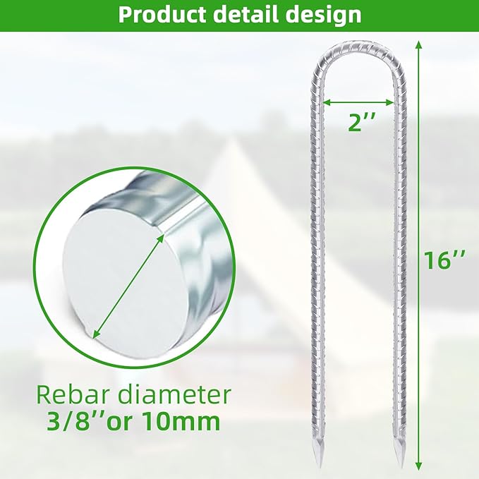 Trampoline Stakes Anchors High Wind 16inx10mm Galvanized U Hook 10pcs Rebar Stakes – Heavy Duty Ground Anchors for Trampoline,Yard & Inflatable,Landscape Metal Stakes for Outdoor Decorations