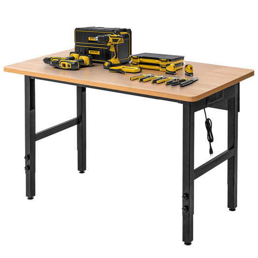 48" Adjustable Workbench with Power Outlets, Work Table for Garage, 2000 LBS Capacity Hardwood Work Bench, Heavy Duty Table for Workshop, Office, Garage, Home