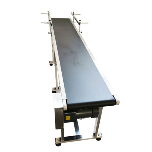 BREVELTION PVC Flat Belt Conveyor, Stainless Steel Industrial Transport Conveyor, Adjustable Speed 0-18m/min, Double Guardrails, 82.7" L x 11.8" W, 11LBS Load, 200W Motor