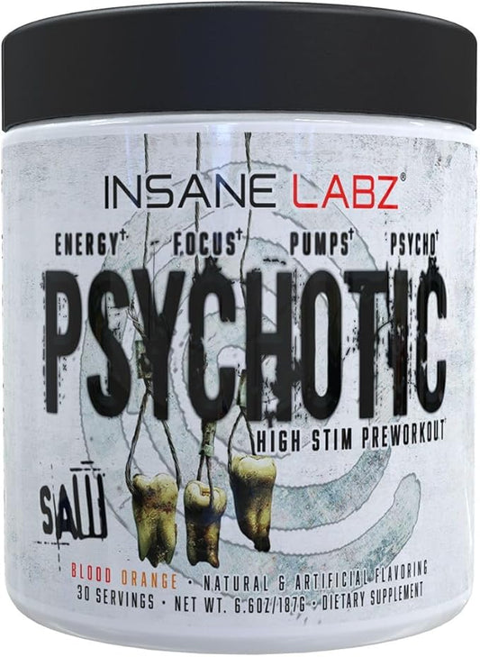 Insane Labz Psychotic Saw, High Stim Pre Workout Powder with OxyGold­??and AMPiberry®,Extreme Lasting Energy with Teacrine®,Focus with CognitIQ® and Endurance with Beta Alanine,30 Srvgs,Blood Orange