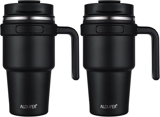 20 oz Insulated Coffee Mug Tumbler with Handle, Stainless Steel Travel Mug Tumbler with Lid and Straw,Double Wall Vacuum Leak Proof Ice Coffee Thermal Cup, Black
