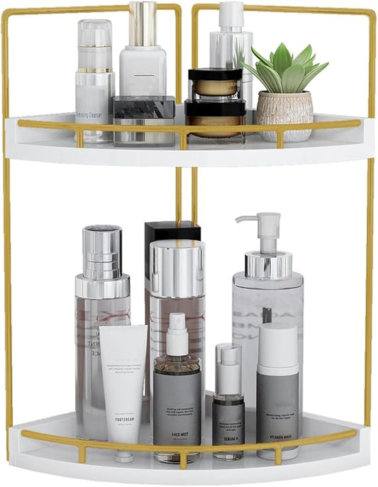 Dorhors 2-Tier Bathroom Counter Organizer,Vanity Counter Corner Shelf, Skincare, Wood Countertop Bathroom Storage and Organization for Kitchen (Gold)