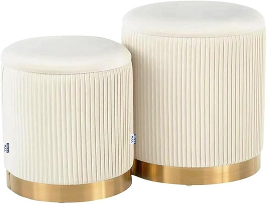 YYW HOME Round Ottoman with Storage Set of 2 Vanity Stool Foot Rest with Removable Lid White Velvet Storage Ottoman Stool for Living Room and Dorm