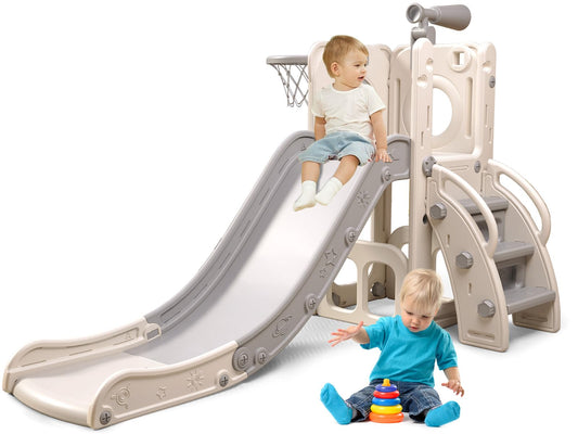 Baotree 6 in 1 Toddler Playset with Slide, Kids Slide with Basketball Hoop, Ball, Ring Toss, Indoor Outdoor Toys (White Grey)