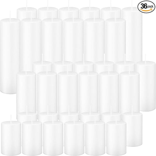 White Pillar Candles Bulk Set of 36，Hurricane Candlesï¼? Different Lengths 2 x 3/6/8 Inch (12 Each)，Dripless Unscented Smokeless，Gives You a Better Atmosphere When Organizing an Event Party.