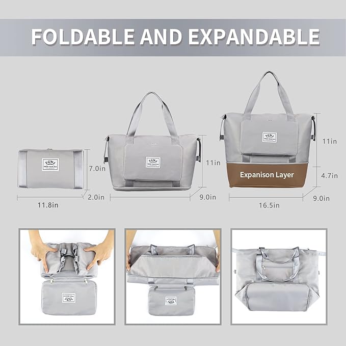 Expandable Travel Duffel Tote Bag - Foldable Overnight Weekender, Carry-On, Swim & Gym Bag - Fits Spirit Airlines Personal Item Size - Lightweight, Waterproof & Durable with Trolley Sleeve,Grey