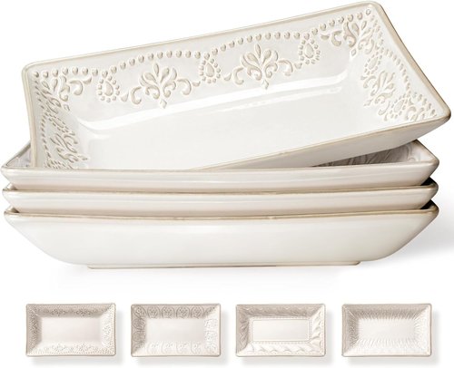 Artena Ceramic Rectangle Plates Set of 4 - Deep Lipped Edges for Appetizers & Desserts | Microwave & Oven Safe