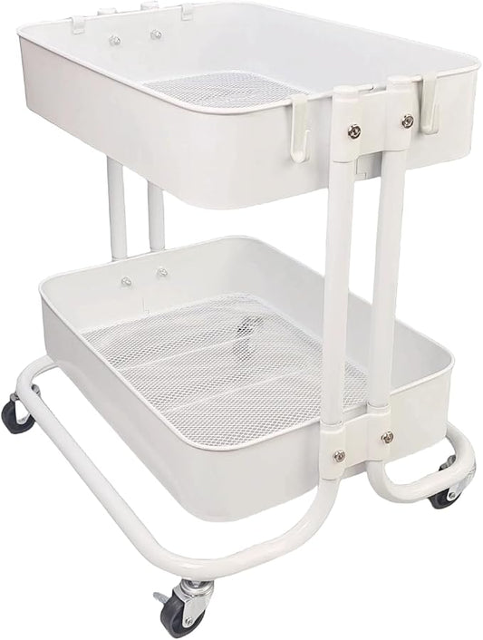 2 Tier Under Desk Storage Cart with Wheels Heavy Duty Metal Short Rolling Pantry Storage Cart for Small Space, Utility Trolley for Kitchen Bathroom Laundry Cute Snack Craft Organizer, White