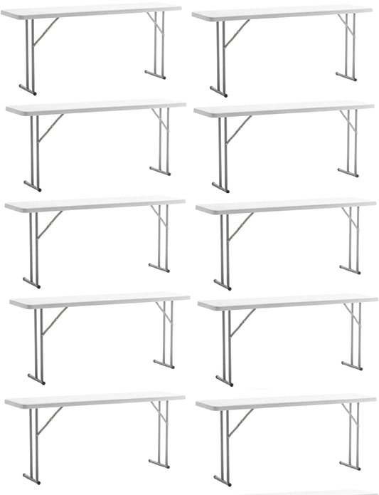 BTEXPERT Set of 10, 5-Foot - 60" Long White Plastic Folding Seminar Training Table Portable 18" Wide Narrow, 29" High, Events Indoor Outdoor Lightweight