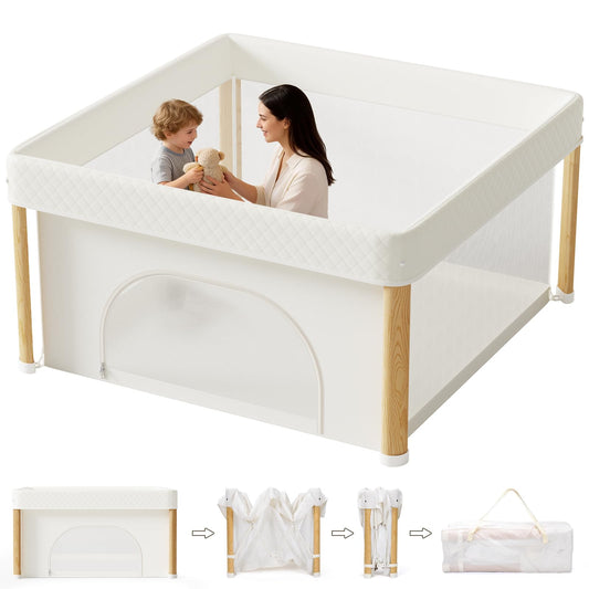 Cbcvvaer Foldable Baby Playpen, 59x59 Foldable Play Pen for Babies and Toddlers, Portable Playpen Indoor Outdoor, Kids Safety Area Travel Play Yard with Storage Bag White