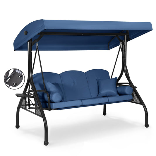3-Seat Outdoor Porch Swing with Adjustable Canopy, Convertible 2-in-1 Patio Swing & Bed with Thick Cushions, Pillows & Cup Holders for Porch, Backyard & Garden (Blue)