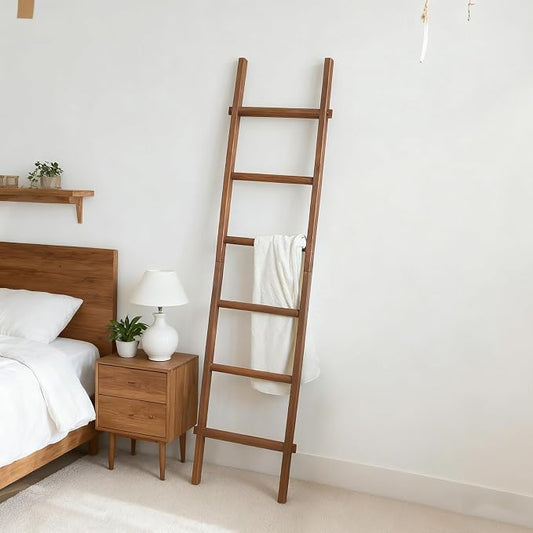 Wooden Blanket Ladder - Natural & Motley Wood - Leaning Wall Decor for Bedroom, Bathroom, Living Room - Rustic Quilt Holder & Towel Rack (Walnut Color, 76in（6-Tier）)