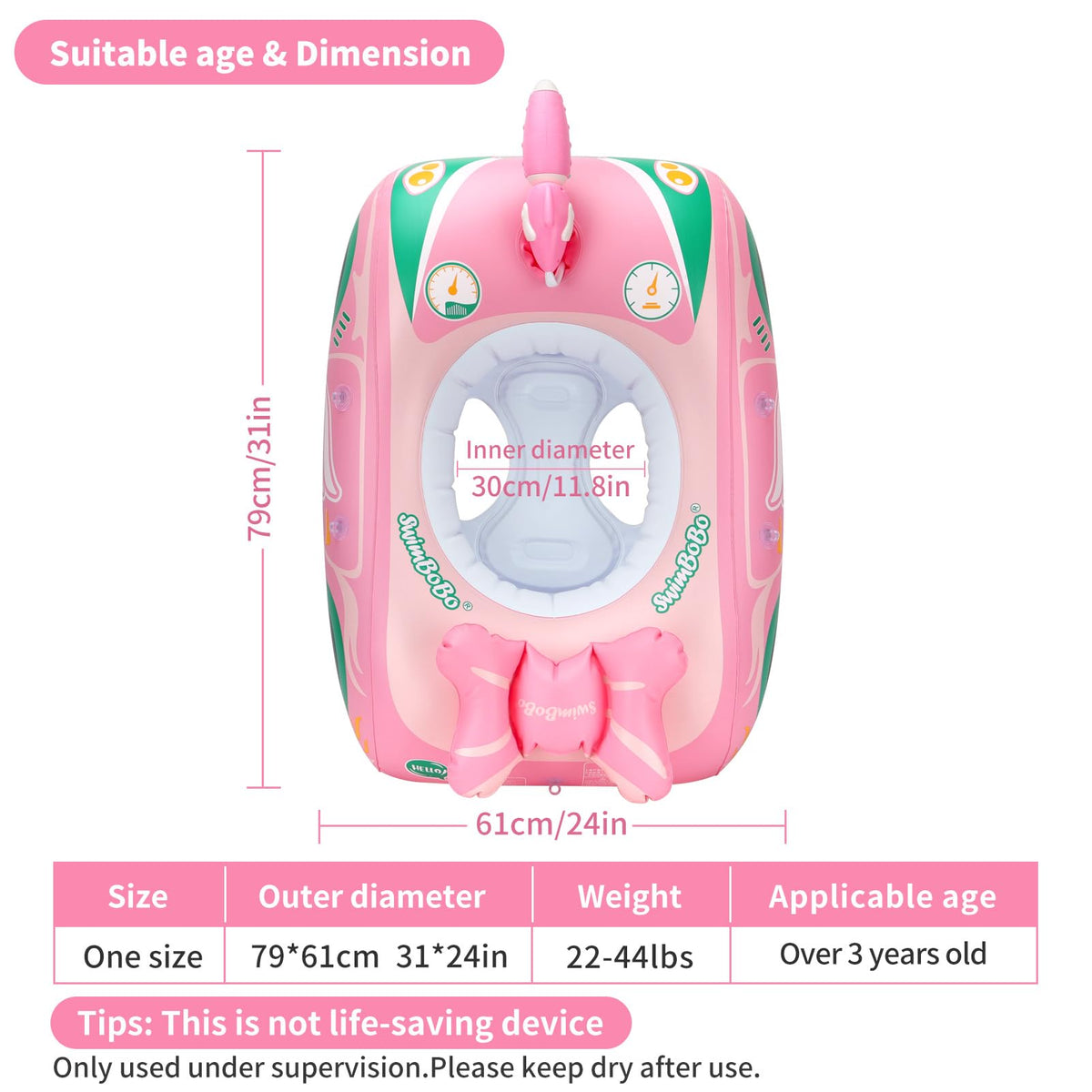 Swimbobo Toddler Pool Float Inflatable Car Baby Swim Float with Adjustable Sun Canopy and Safety Seat Pool Toys for Kids 3+ Years Old(Pink Green Car)